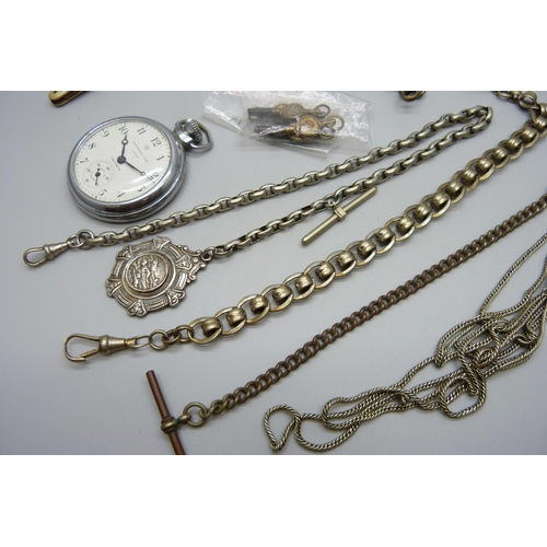 983 - A collection of plated and base metal Albert chains and an Ingersoll pocket watch (lacking case back... 