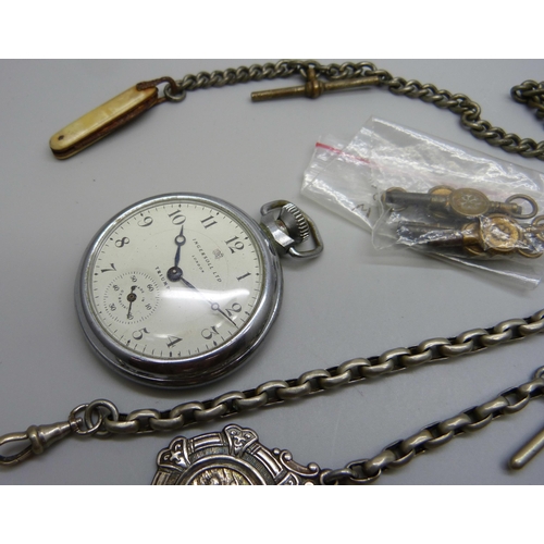 983 - A collection of plated and base metal Albert chains and an Ingersoll pocket watch (lacking case back... 