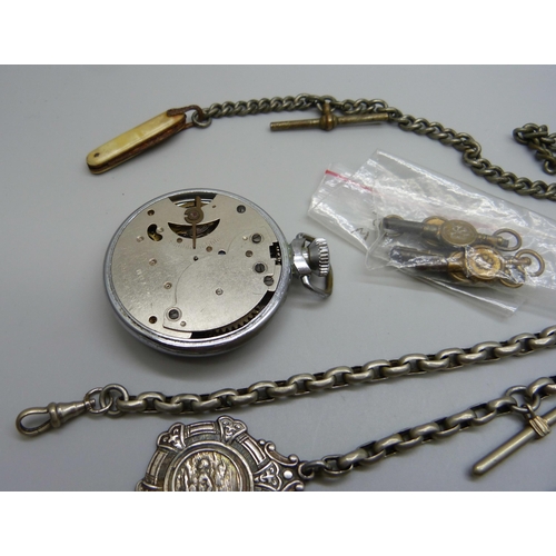 983 - A collection of plated and base metal Albert chains and an Ingersoll pocket watch (lacking case back... 