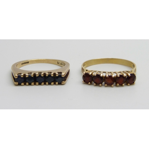 984 - Two 9ct gold rings - one set with sapphires, 2.8g, N, and a garnet example, 1.6g, O