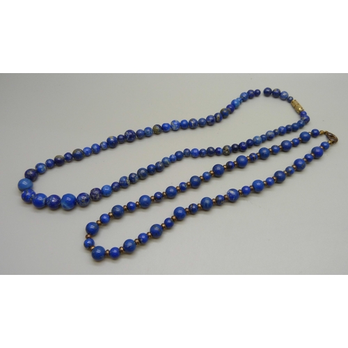 986 - A lapis lazuli choker and necklace, 38.5cm and 47cm, 67g total