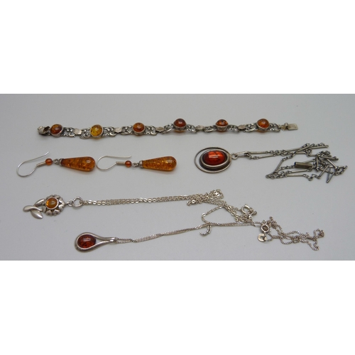 991 - A collection of silver and white metal mounted amber jewellery, (bracelet a/f), 27g