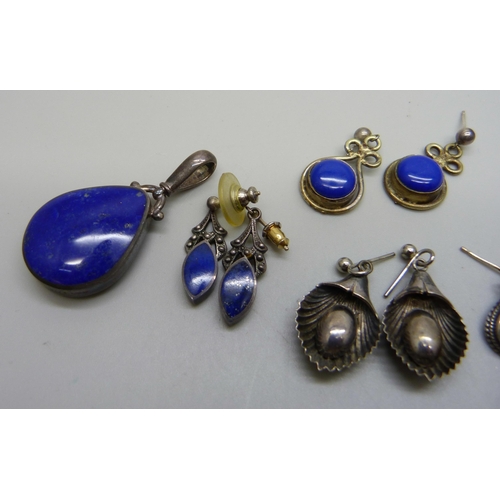 992 - A collection of lapis lazuli set jewellery including a lapis and malachite pendant, three pairs of s... 