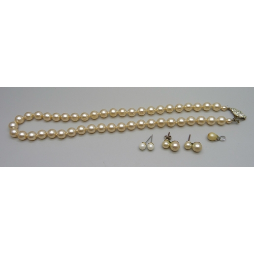 996 - Faux pearls - a necklace, two pairs of earrings and a pendant