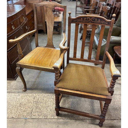 170 - An early 20th Century oak bottom turned elbow chair and a Queen Anne style elbow chair