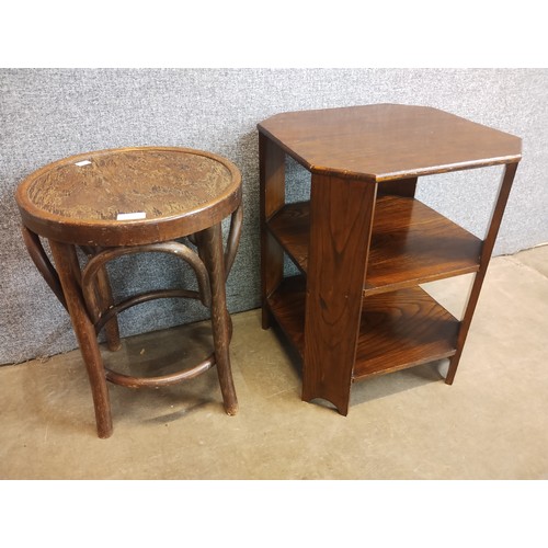 119 - An Art Deco oak coffee table and a beech bentwood stool