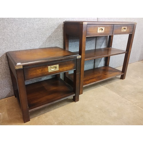 125 - A Campaign style mahogany console table and lamp table