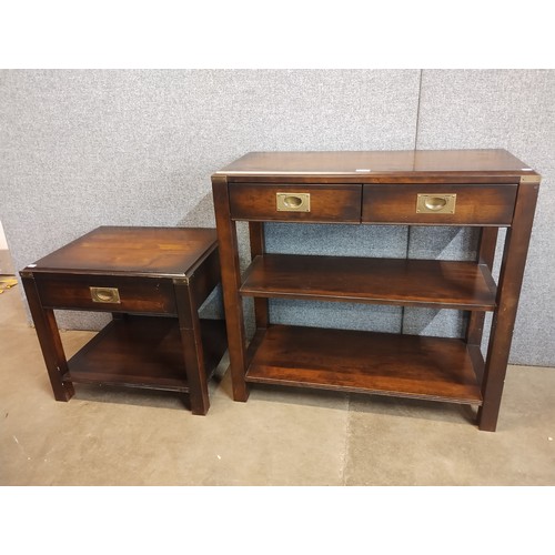 125 - A Campaign style mahogany console table and lamp table