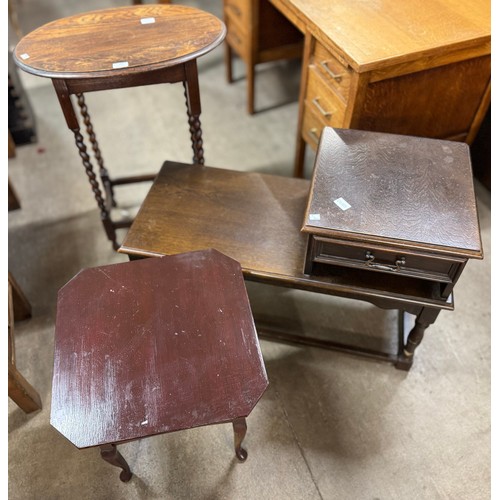 192 - An oak oval barleytwist occasional table, an oak telephone table and a mahogany sewing box