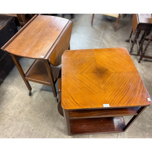 198 - An Art Deco mahogany music cabinet/side table and an oak drop leaf trolley