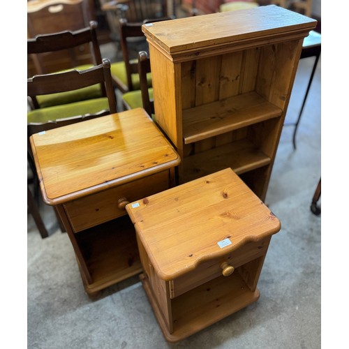 245 - Two pine bedside cabinets and a pine bookshelf