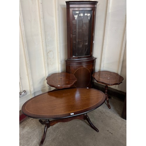 247 - An inlaid mahogany corner cabinet, coffee table and a pair of Italian style mahogany wine tables