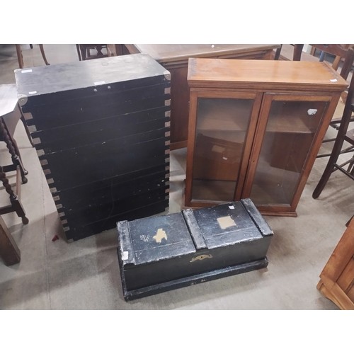 227 - An ebonised and metal banded stacking chest, a small bookcase and a small painted pine box