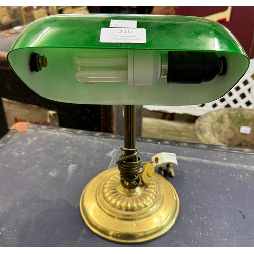 316 - A brass & green glass bankers lamp