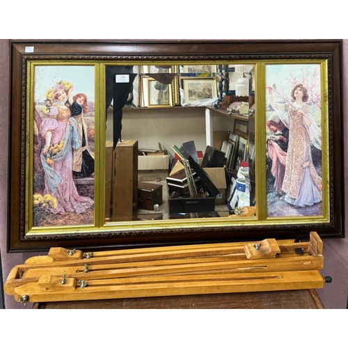 286 - A Pre-Raphaelite style mahogany overmantle mirror and a beech artists easel