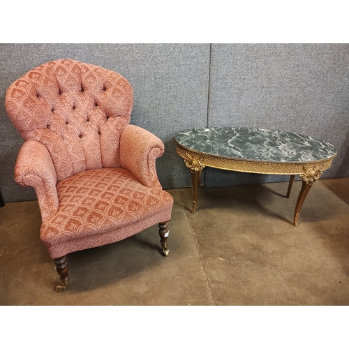 232A - An Edward VII mahogany & fabric upholstered armchair & a gilt and faux marble coffee table