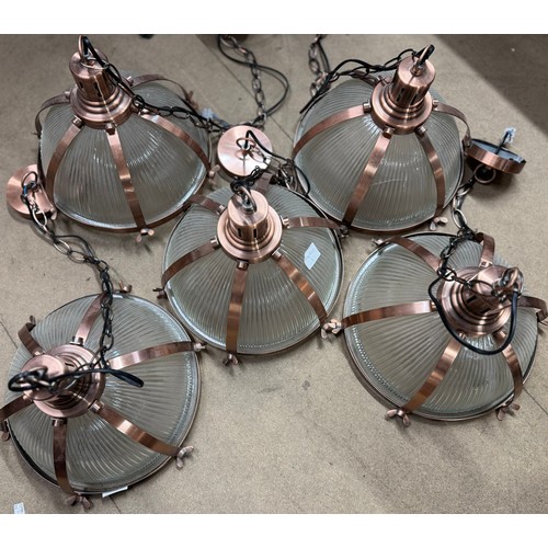 289 - A set of five industrial style copper & glass ceiling lights