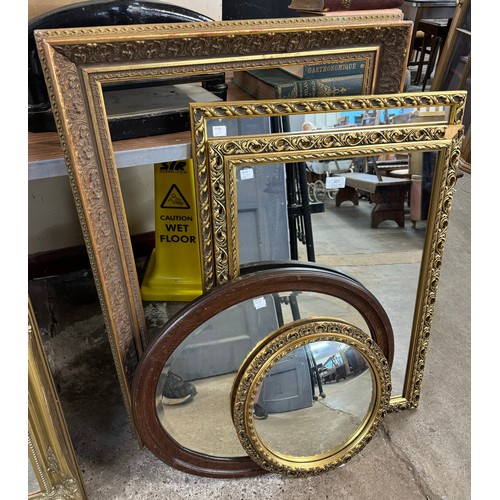 327 - Three gilt framed mirrors, a gilt picture frame and an oak framed mirror