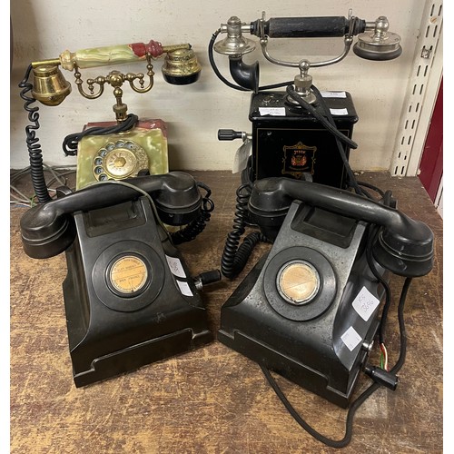 336 - Two vintage Bakelite telephones, an onyx telephone and a 1920's telephone