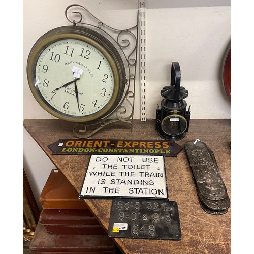 338 - A Westminster Clock Co. wall clock, Art Nouveau style metal finger plates and three signs