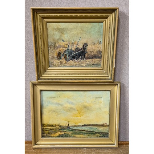 373 - J.J. Davies, marine scene and a ploughing scene, oil on canvas, framed