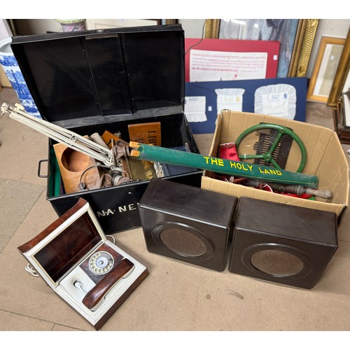 294 - Two boxes of miscellaneous items, including Bakelite speakers, telephone, etc.