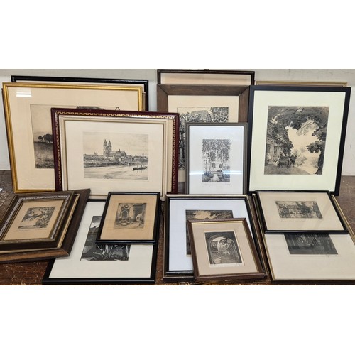 374 - Assorted etchings, approximately thirteen, including one by Clare Leighton