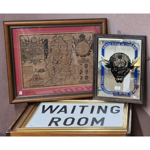 378 - A Masonic mirror, a waiting room sign & a map of the Countie of Nottingham