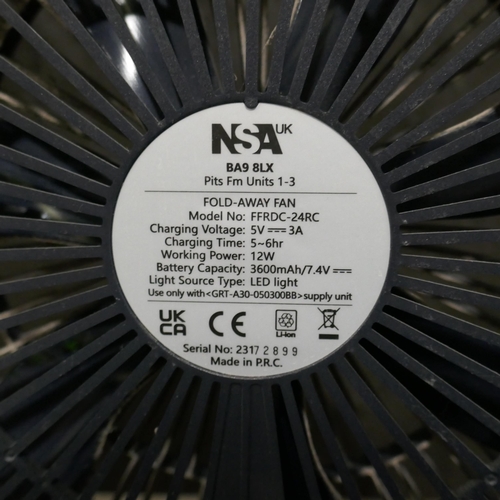 6280 - Nsa Folding Stand Fan with Remote, Charger and Box     (335-32) *This lot is subject to Vat