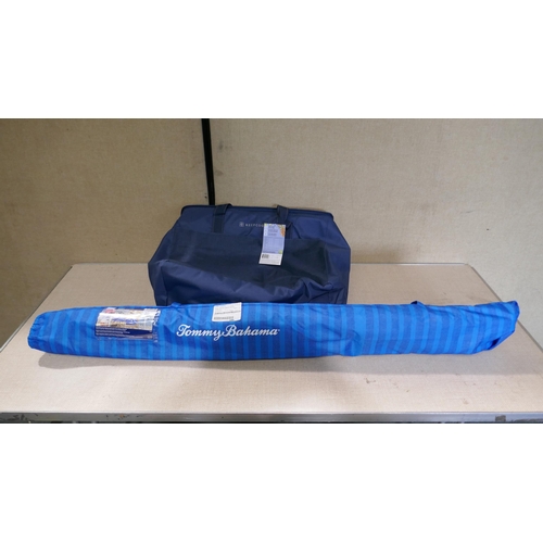 6034 - Tommy Bahama 8Ft Beach Umbrella and a Navy Cooler Bag  (335-353,524) *This lot is subject to Vat