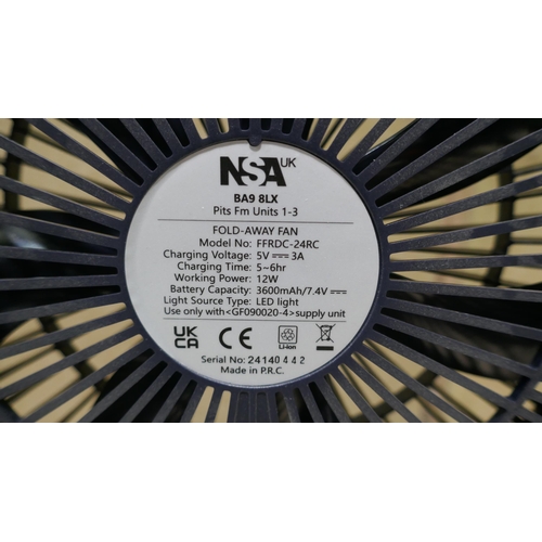 6051 - Nsa Folding Stand Fan with Remote and Charger  (335-209) *This lot is subject to Vat