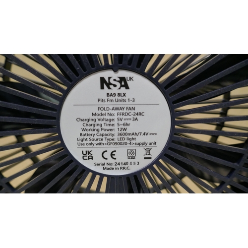 6052 - Nsa Folding Stand Fan with Remote, Charger and Box    (335-211) *This lot is subject to Vat