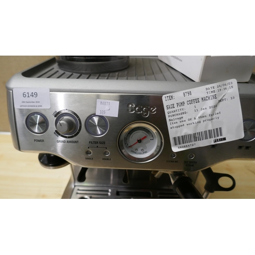 6149 - Sage Pump Coffee Machine , Original RRP £449.99 + Vat (335-587) *This lot is subject to Vat