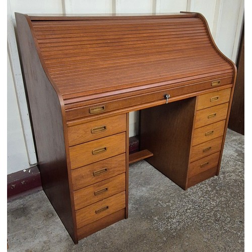 32 - A Danish teak tambour roll top desk