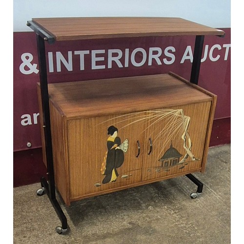 36 - A painted Japanned teak and black metal side cabinet/trolley