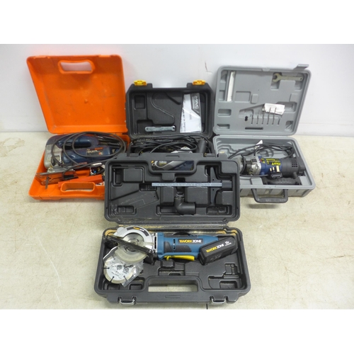 5024 - A quantity of cased tools including a Power Craft 826703 240v Omni-Saw, a Workzone CSC18LDW 18v lith... 