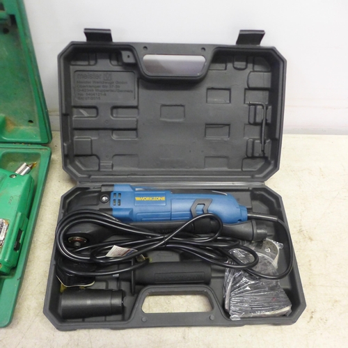 5024A - A quantity of cased tools including a power base 672936 multi-tool with accessories, a Hitachi DTC-1... 