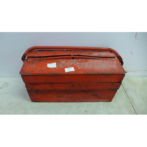 5027 - A red metal cantilever tool box with assorted tools including sockets, wrenches, screwdrivers, etc