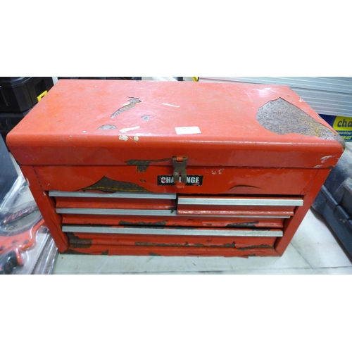 5035 - A large red metal Challenge tool box containing assorted hand tools and other items, a 16