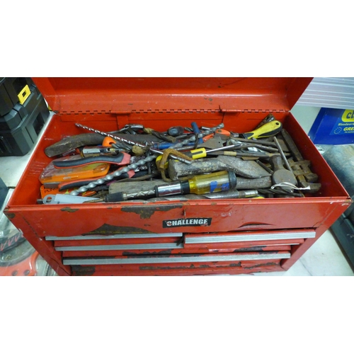 5035 - A large red metal Challenge tool box containing assorted hand tools and other items, a 16