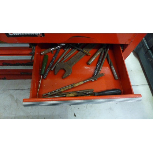 5035 - A large red metal Challenge tool box containing assorted hand tools and other items, a 16