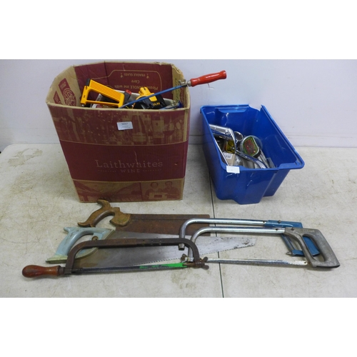 5037 - A box of assorted hand tools with a box of plumbing supplies including a mixer tap, flexible tap hos... 