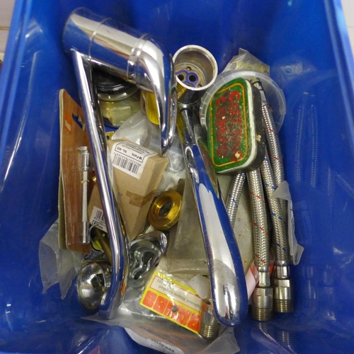 5037 - A box of assorted hand tools with a box of plumbing supplies including a mixer tap, flexible tap hos... 