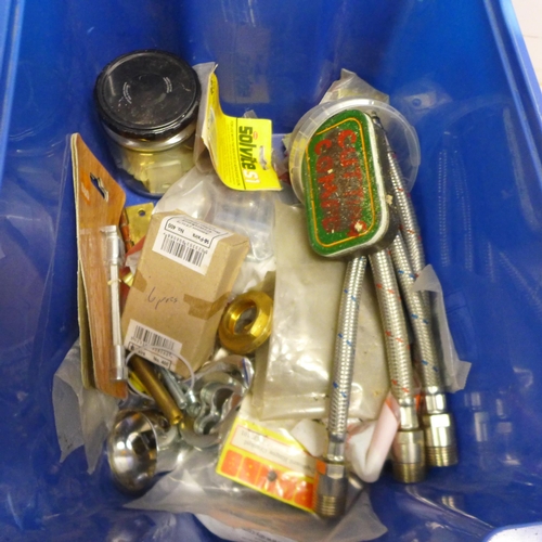 5037 - A box of assorted hand tools with a box of plumbing supplies including a mixer tap, flexible tap hos... 