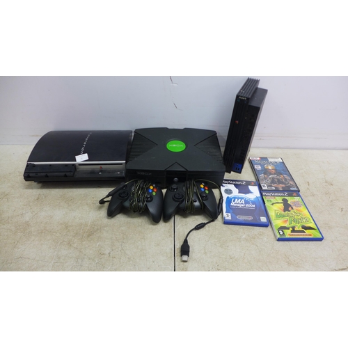 5048 - Three gaming consoles - Playstation 2, Playstation 3 and a original Xbox and two original Xbox contr... 