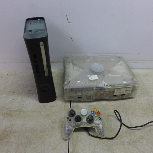 5049 - An Xbox 360 console and a limited edition crystal original Xbox console with matching controller als... 