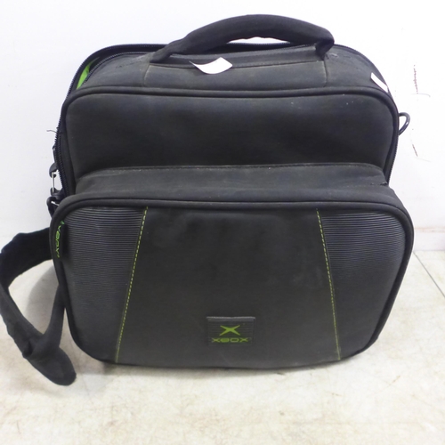 5055 - An original Xbox, an original Xbox controller, power lead and Xbox travel case