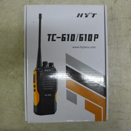 5077 - Three boxed Hytera HYT TC-610 two way walkie-talkie radios - complete with charging docks and two sp... 