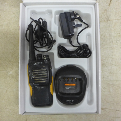 5077 - Three boxed Hytera HYT TC-610 two way walkie-talkie radios - complete with charging docks and two sp... 