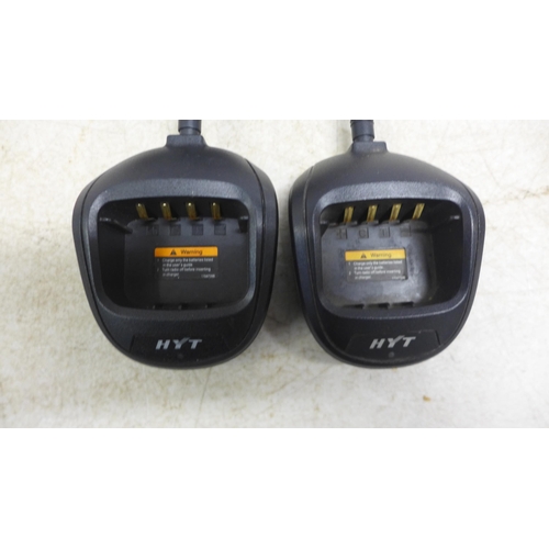 5077 - Three boxed Hytera HYT TC-610 two way walkie-talkie radios - complete with charging docks and two sp... 